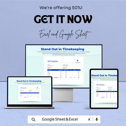 HR Timesheet Template for Excel & Google Sheets - Employee Time Tracker, Payroll Record, Customizable Work Log