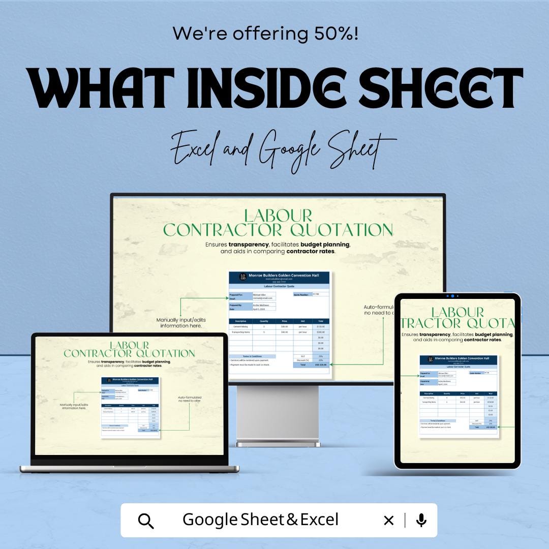 Labour Contractor Quotation Sheet | Editable Excel & Google Sheets | Construction Estimate Template | Contractor Invoice | Instant Download