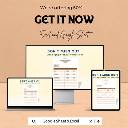 Equipment Cleaning Log Template | Google Sheets & Excel | Cleaning Schedule | Maintenance Tracker | Digital Logbook