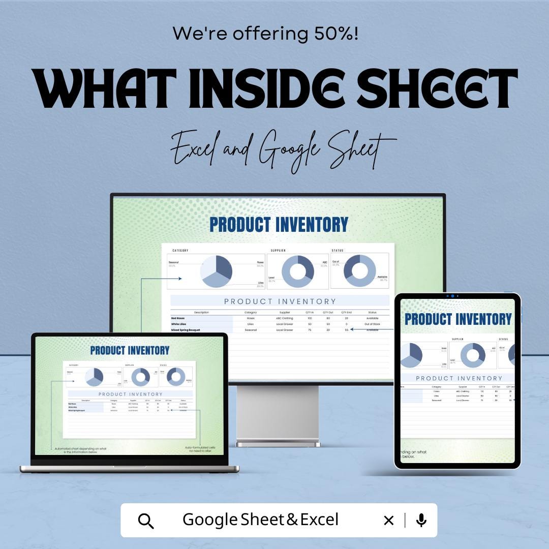 Product Inventory Sheet for Excel and Google Sheets | Track Stock, Suppliers & Status | Easy Inventory Management Template