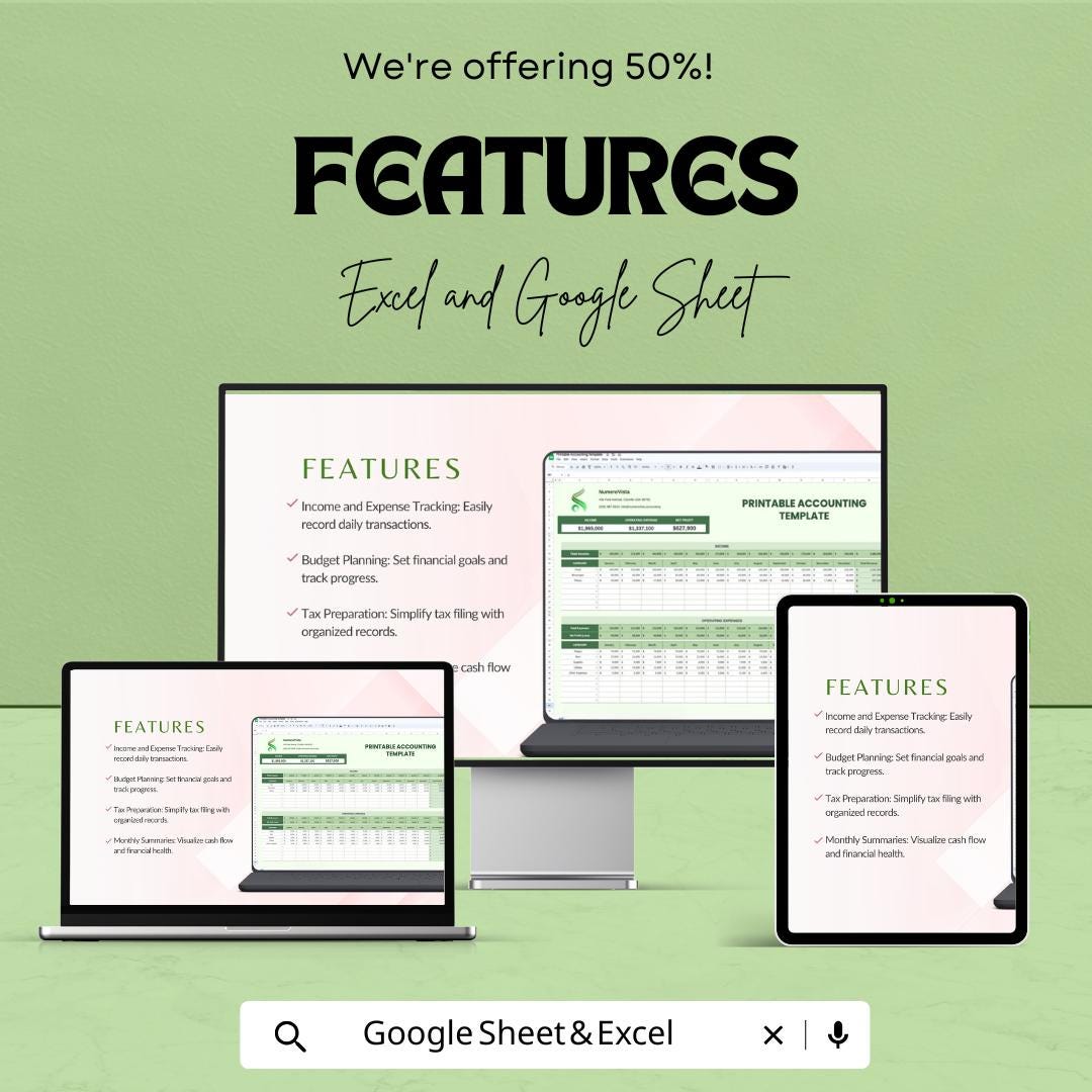 50% Off - Printable Accounting Sheet for Excel and Google Sheets | Monthly Financial Tracker | Income & Expense Template | Budget Planner |