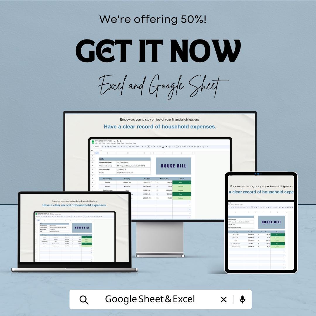 Household Bill Template | Monthly Bill Tracker Spreadsheet | Excel & Google Sheets | Home Expense Planner | Household Budget Organizer