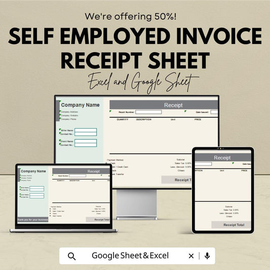 Self Employed Invoice Receipt Sheet - Customizable Google Sheet & Excel Template for Small Business Owners