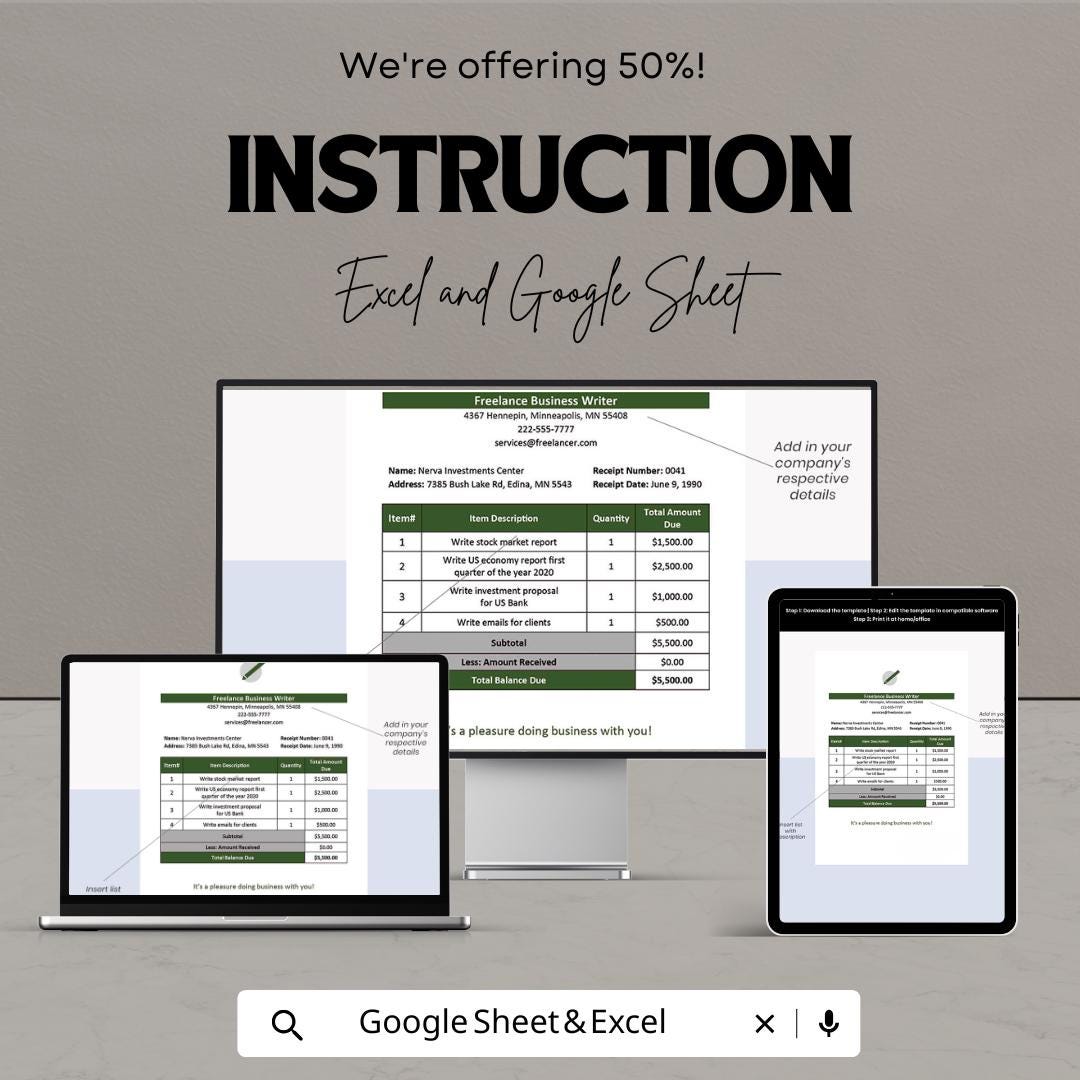 Basic Freelance Receipt Template | Excel & Google Sheets | Editable Invoice | Service Payment Tracker | Business Receipt Template
