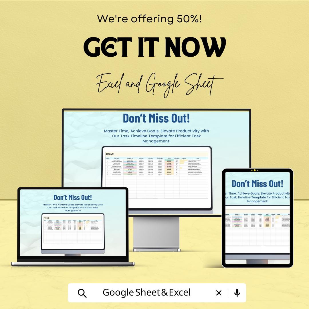 Task Timeline Sheet Template for Excel and Google Sheets | Track Project Deadlines & Milestones | Boost Productivity | 50% Off!