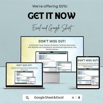Customized Travel Itinerary Quotation Sheet - Excel & Google Sheet for Tailored Travel Plans, Itinerary Breakdown, and Flexible Options