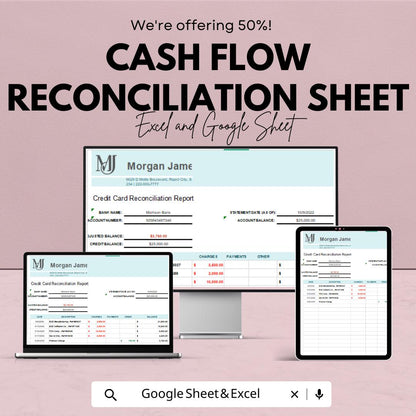 Cash Flow Reconciliation Sheet for Excel and Google Sheets | Financial Tracking Template | Balance Income, Expenses & Net Cash |
