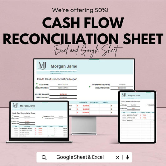 Cash Flow Reconciliation Sheet for Excel and Google Sheets | Financial Tracking Template | Balance Income, Expenses & Net Cash |