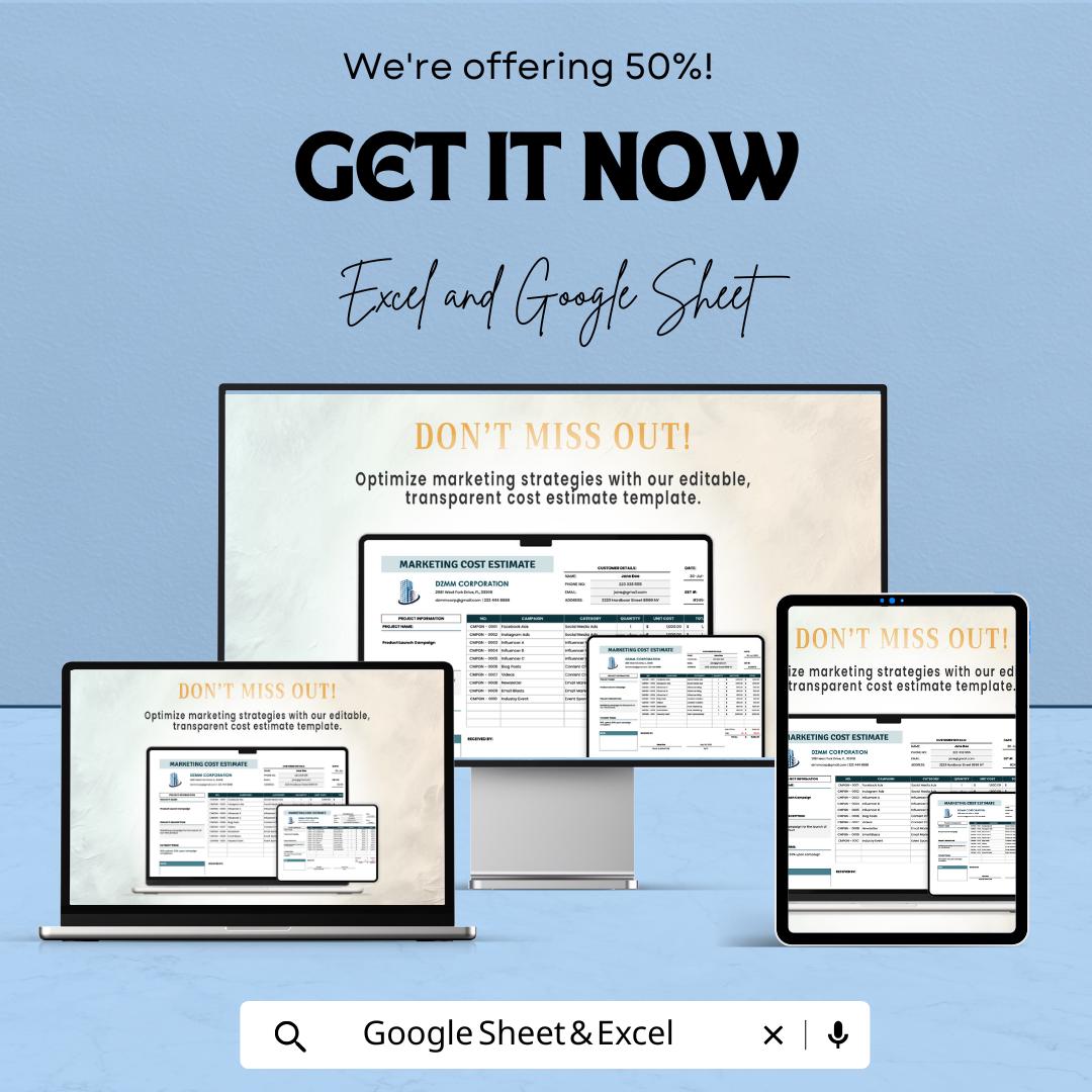 Marketing Cost Estimate Sheet Excel and Google Sheets | Budget Planner for Campaigns & Client Proposals