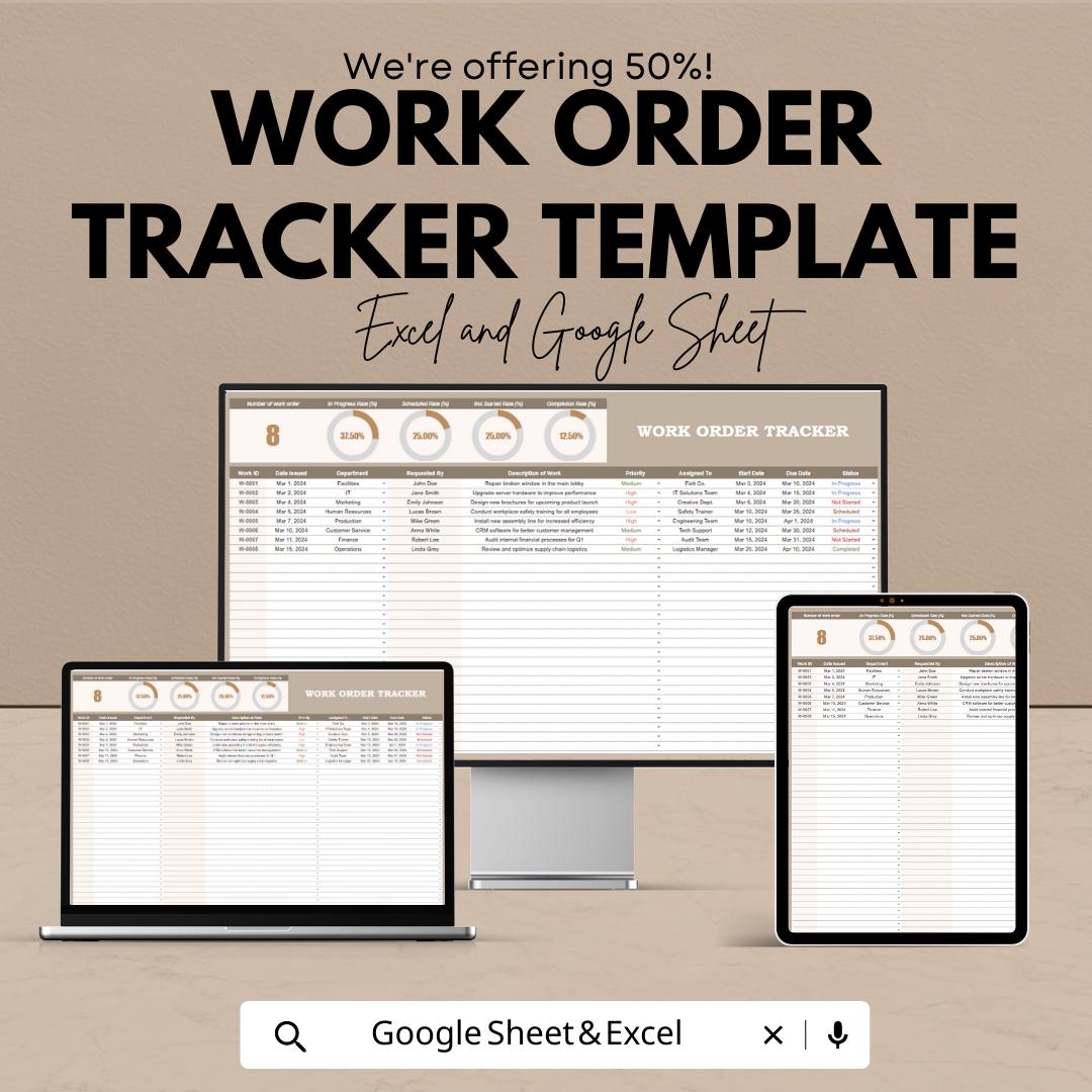 Work Order Tracker Template | Excel & Google Sheets Maintenance Log | Job Order Management Dashboard