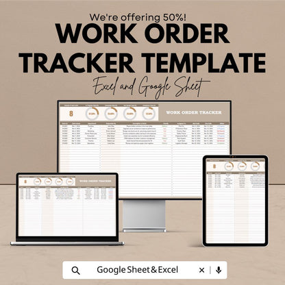 Work Order Tracker Template | Excel & Google Sheets Maintenance Log | Job Order Management Dashboard