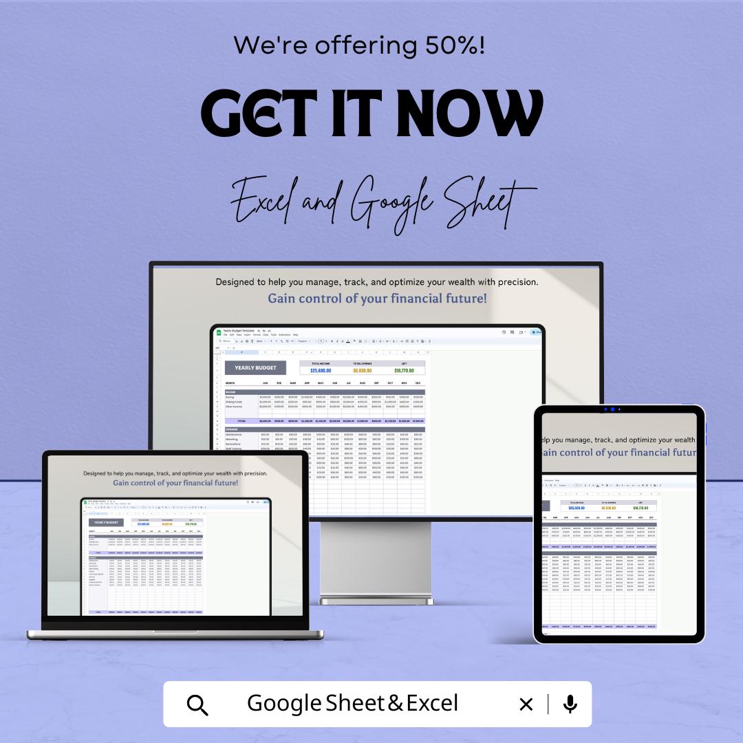 Yearly Budget Template | Excel and Google Sheets | Annual Finance Planner | Income and Expense Tracker | Personal & Business Budget