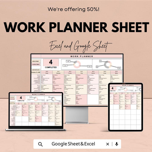 Work Planner Sheet - Weekly Work Schedule Template for Productivity & Time Management | Google Sheet and Excel | Task Planner Template |