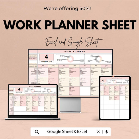 Work Planner Sheet - Weekly Work Schedule Template for Productivity & Time Management | Google Sheet and Excel | Task Planner Template |