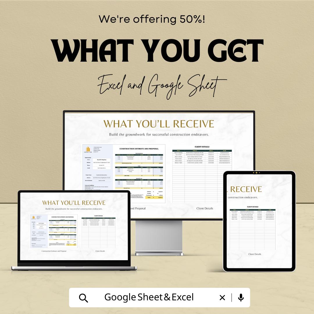 Construction Estimate and Proposal Template | Excel and Google Sheets Contractor Bid Sheet | Project Cost Breakdown & Client Proposal Form
