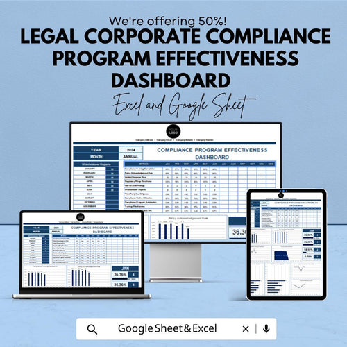 Legal Corporate Compliance Program Dashboard - Google Sheet, Track KPIs, Risk Levels, & Compliance Metrics - Effective Program Monitoring