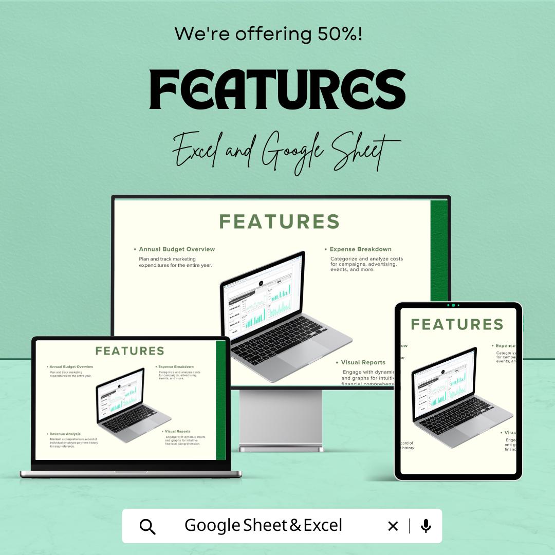 Marketing Yearly Financial Summary Template | Annual Budget Planner | Marketing Finance Dashboard | Expense & Revenue Tracker