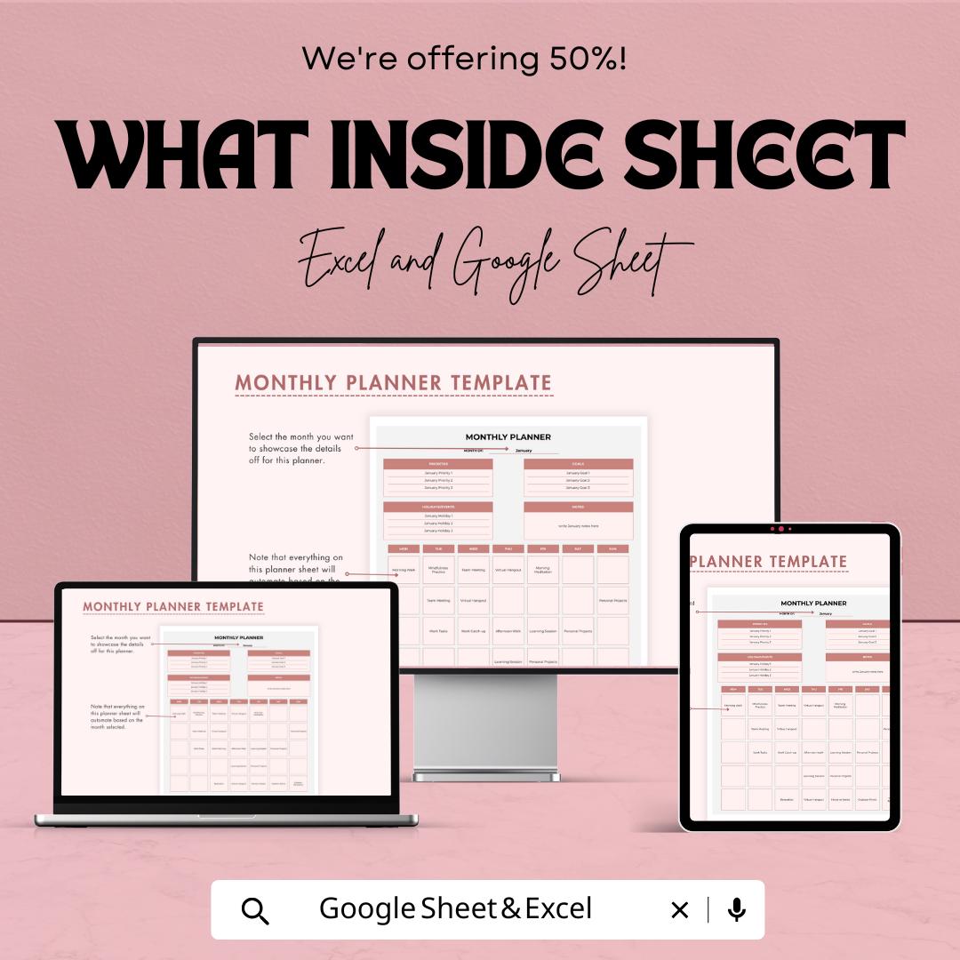 Monthly Planner Template | Editable Excel & Google Sheets Planner | Goal Tracker | Digital Organizer | Productivity and Schedule Template
