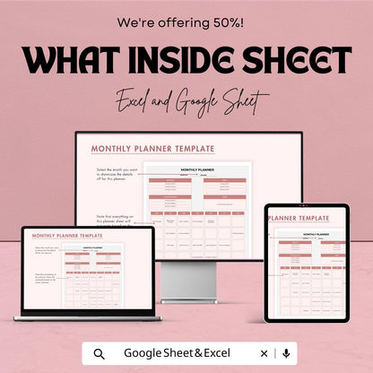 Monthly Planner Template | Editable Excel & Google Sheets Planner | Goal Tracker | Digital Organizer | Productivity and Schedule Template