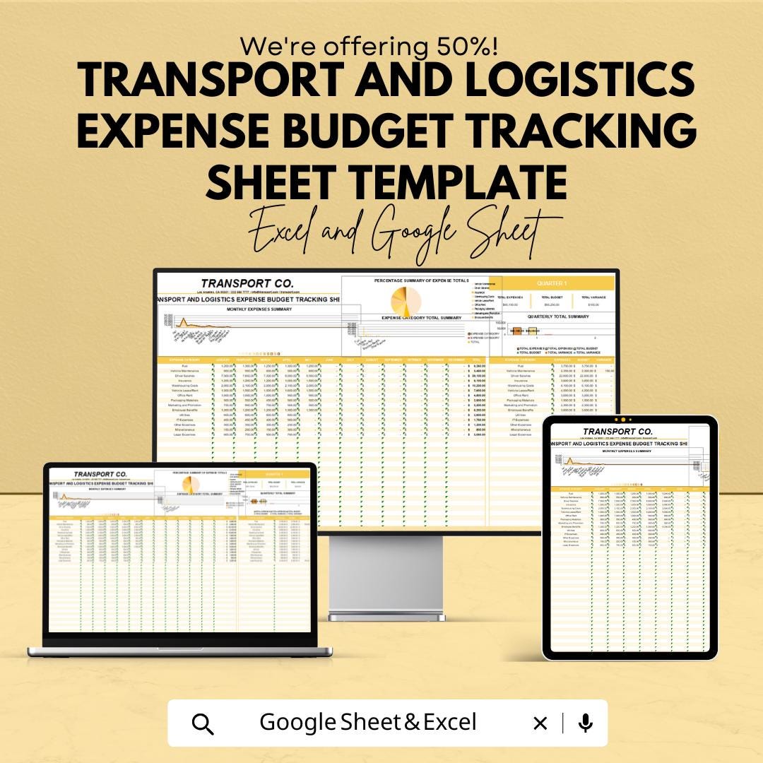 Transport and Logistics Expense Budget Tracking Sheet Template | Excel and Google Sheets | Fleet Expense Tracker | Logistics Cost Planner |