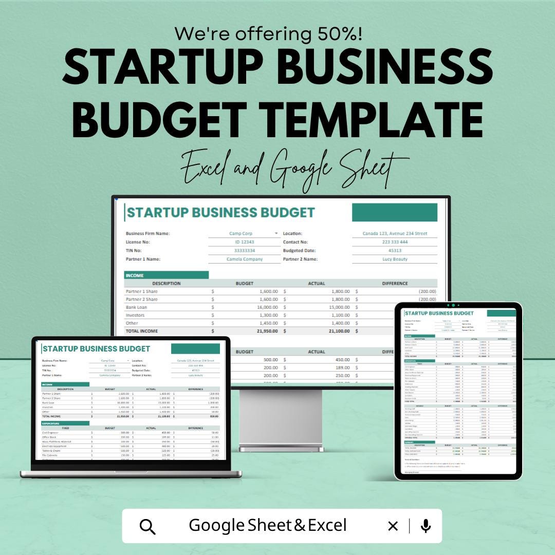 Startup Business Budget Template | Business Budget Spreadsheet | Startup Expense Tracker | Excel & Google Sheets | Financial Planning Sheet