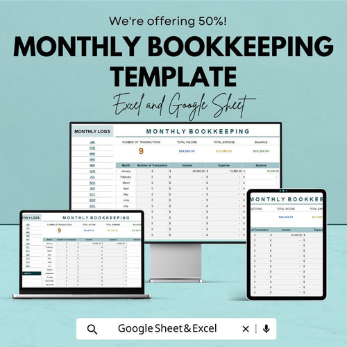 Monthly Bookkeeping Template | Small Business Accounting Spreadsheet  | Income Expense Tracker | Bookkeeping Log | Financial Record Template