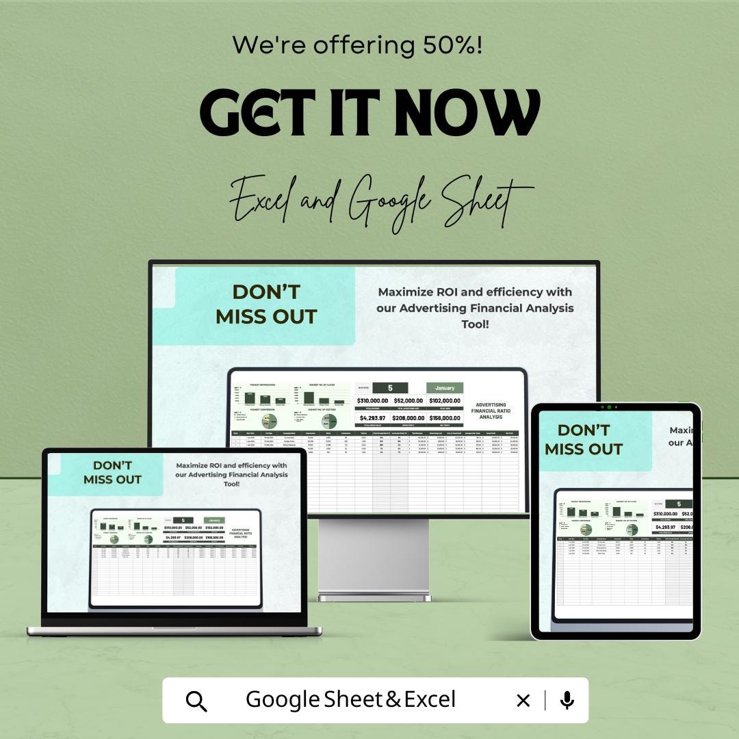 Advertising Financial Ratio Analysis Tool Template | ROI Calculator | Ad Campaign Performance Tracker