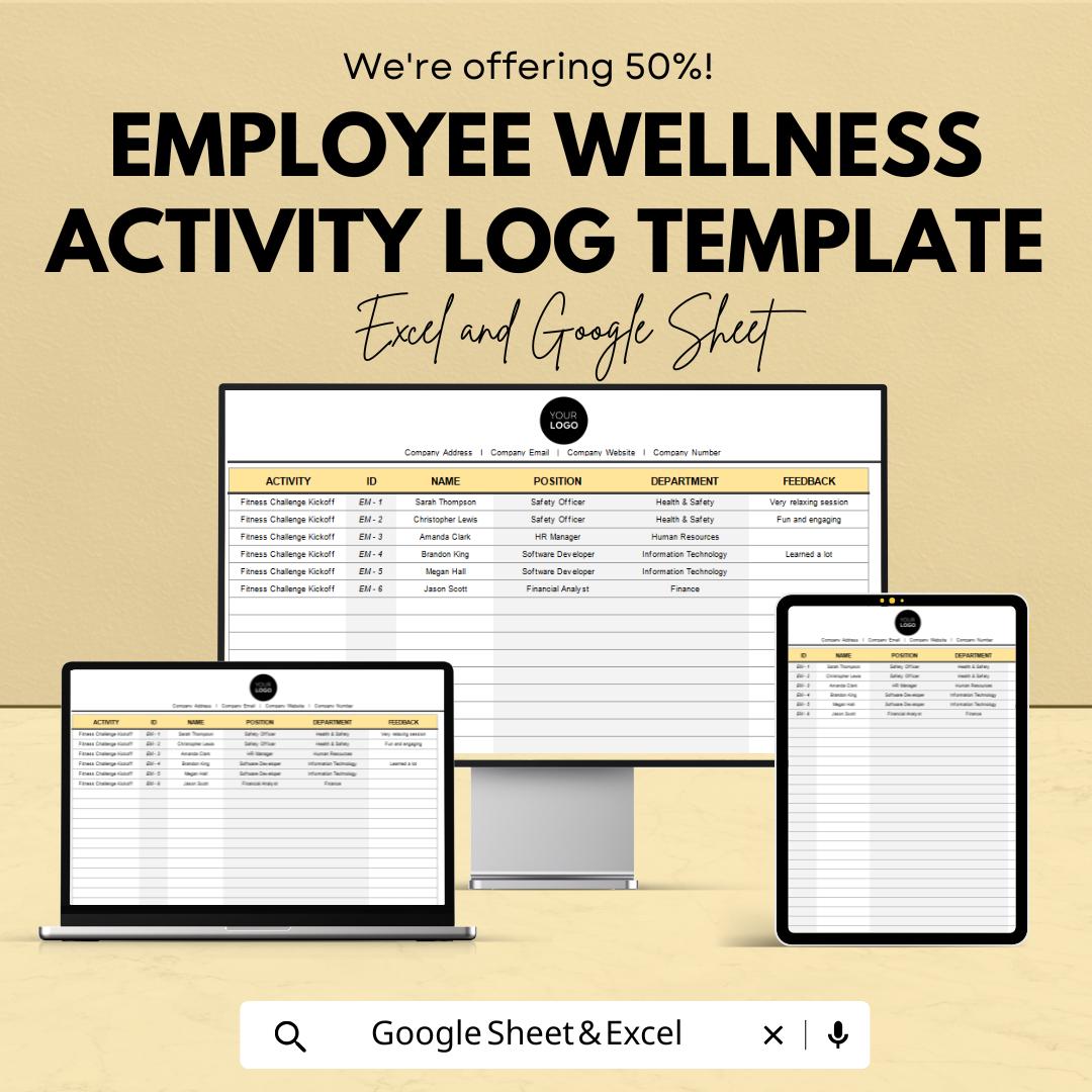 Employee Wellness Activity Log Template | Excel & Google Sheets | Workplace Wellness Tracker | Employee Engagement Spreadsheet