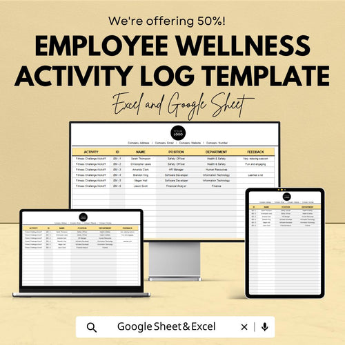 Employee Wellness Activity Log Template | Excel & Google Sheets | Workplace Wellness Tracker | Employee Engagement Spreadsheet