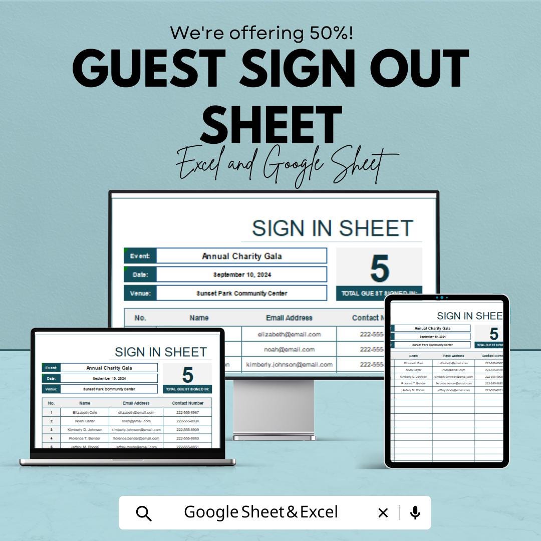Guest Sign Out Sheet Template - Excel and Google Sheets for Event Check-Out | Track Guest Departures & Contact Information