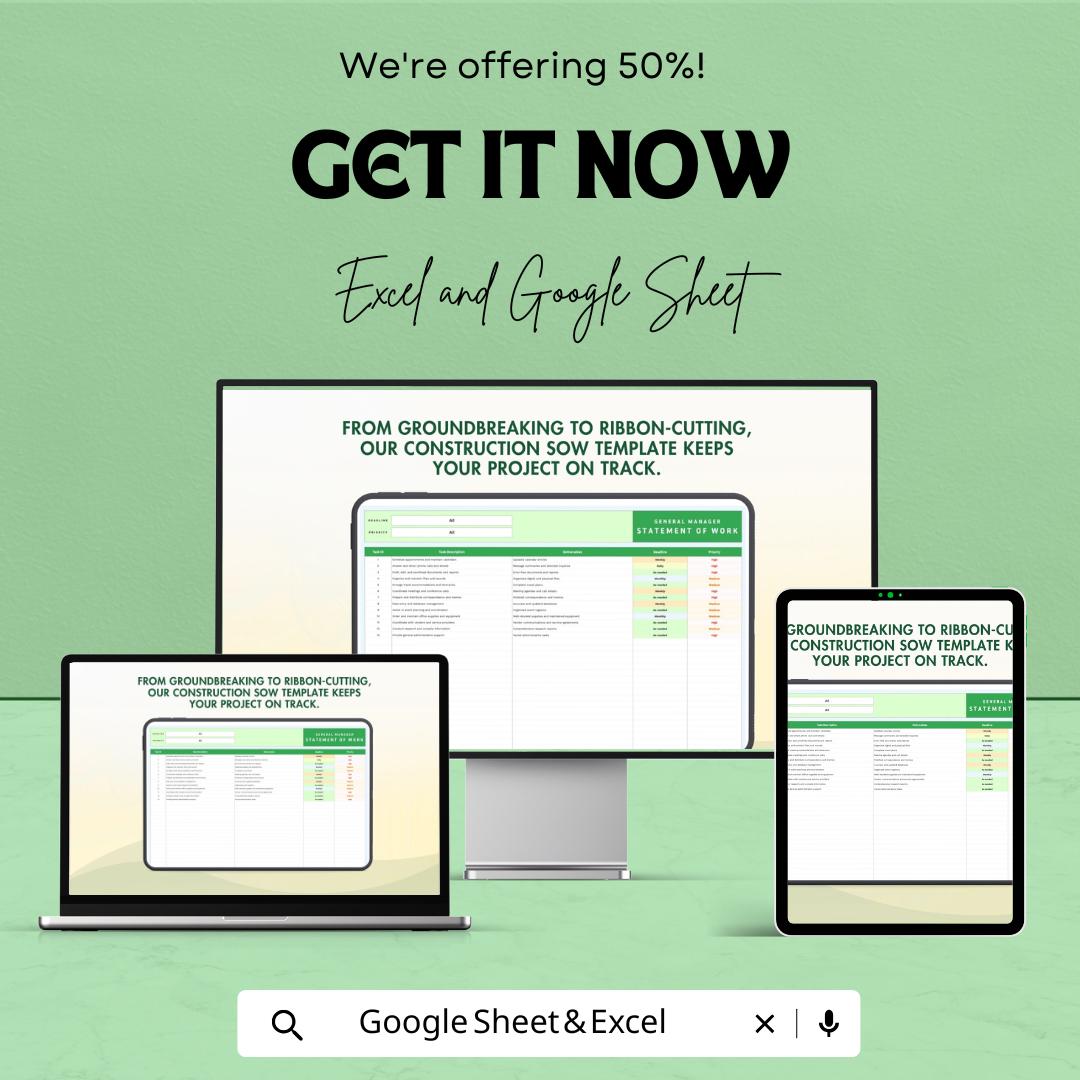 General Manager Statement of Work Template for Excel & Google Sheets – 50% Off – Professional Work Tracker for Managers
