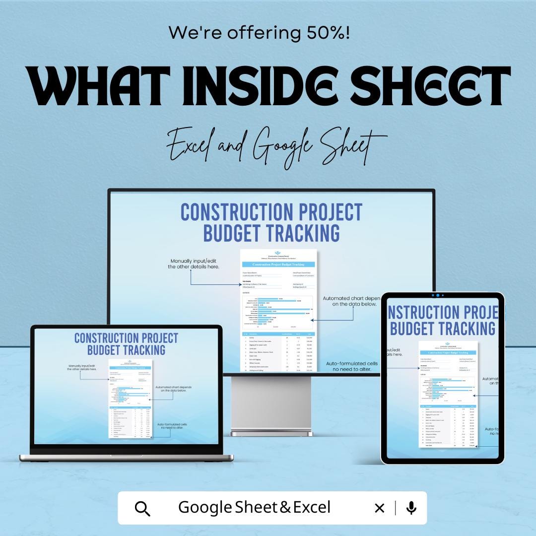 Construction Project Budget Tracking Sheet - Excel & Google Sheets Template for Construction Budget Management - 50% Off