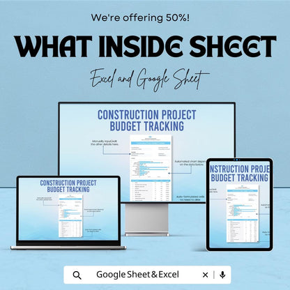 Construction Project Budget Tracking Sheet - Excel & Google Sheets Template for Construction Budget Management - 50% Off