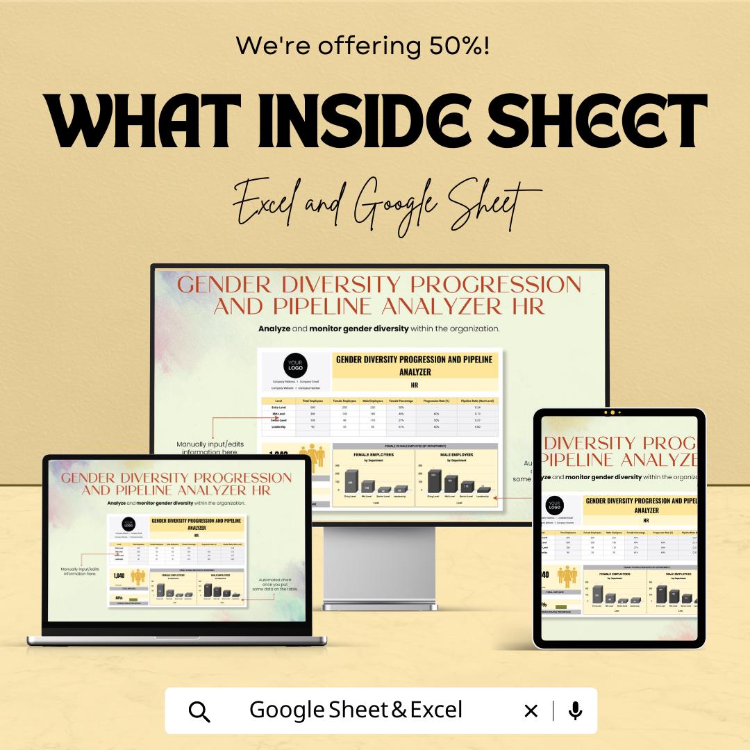 Gender Diversity HR Template, Workforce Diversity Tracker, DEI Dashboard, HR Analytics Sheet, Excel & Google Sheets Diversity Pipeline Tool