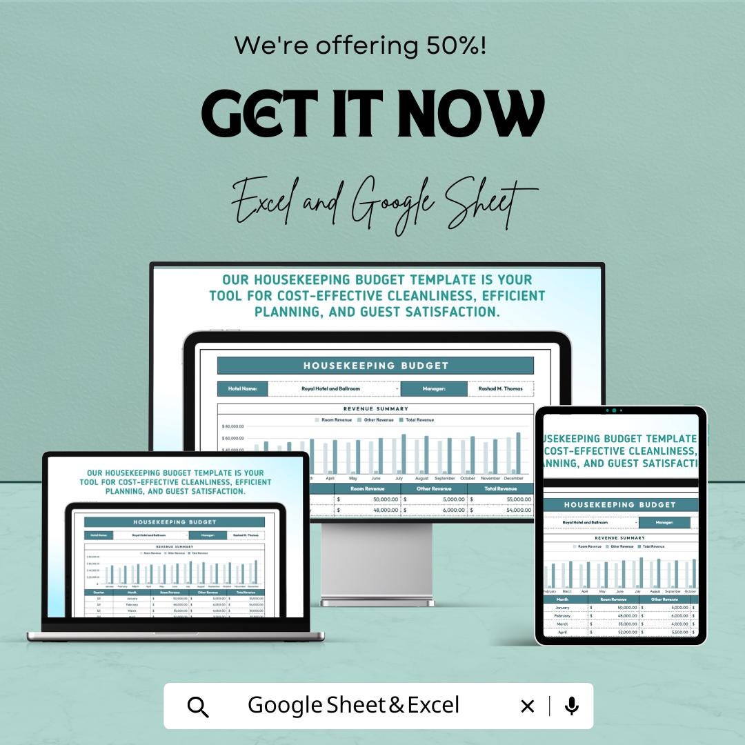 Housekeeping Budget Sheet Template | Excel and Google Sheets | Hotel Budget Management, Cleaning & Labor Costs, Expense Tracking