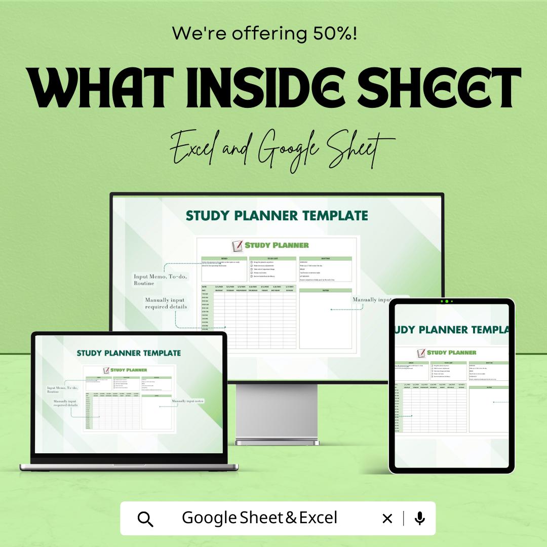 Study Planner Sheet | Excel & Google Sheets | Weekly Study Schedule | Academic Tracker | Digital Student Organizer