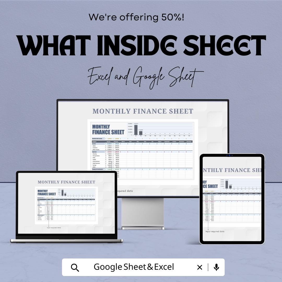 Monthly Finance Sheet | Excel and Google Sheets Template | Budgeting, Expense Tracking & Financial Planning | Instant Download