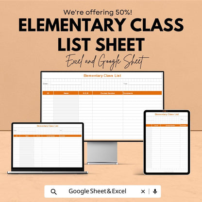 Elementary Class List Template - Excel & Google Sheet, Student Management, Customizable, Class Roster