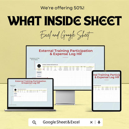 External Training Participation & Expense Log HR Template | Excel and Google Sheets | Employee Training Tracker | HR Expense Log Spreadsheet