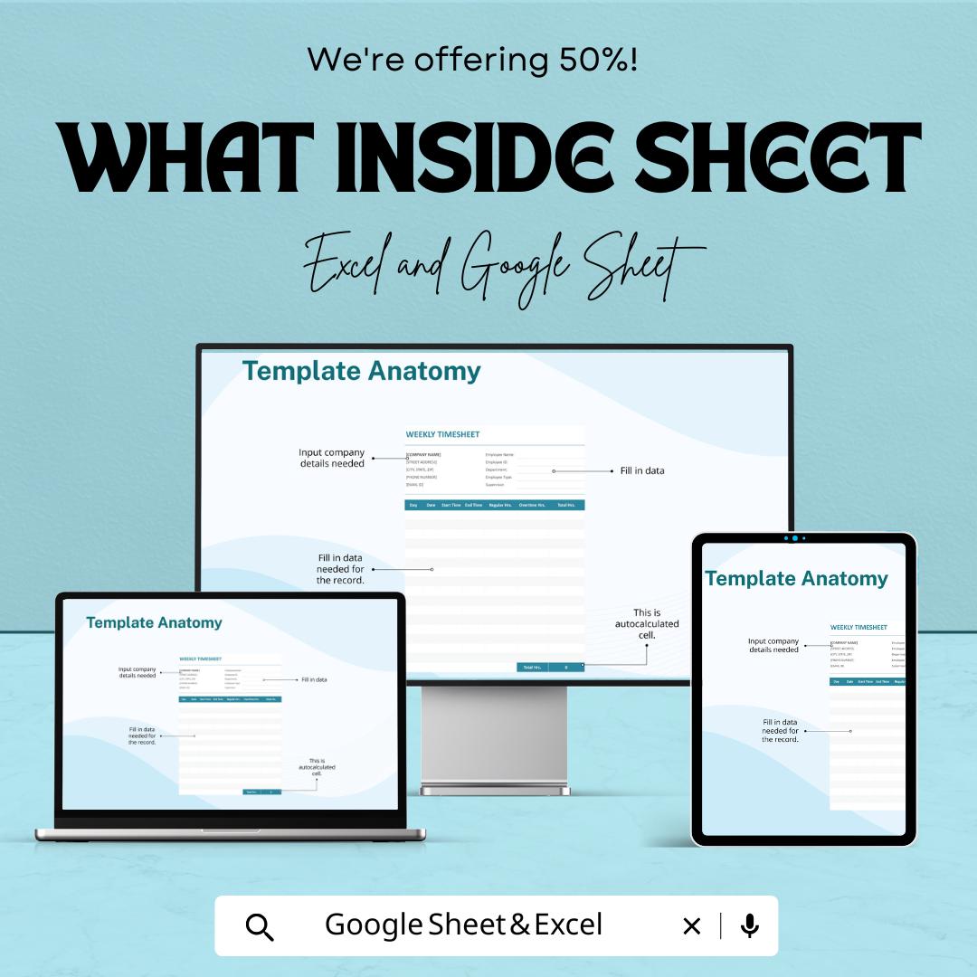 Weekly Timesheet Template | Employee Timesheet | Work Hours Tracker | Timesheet Excel & Google Sheets | Weekly Work Log | Payroll Timesheet