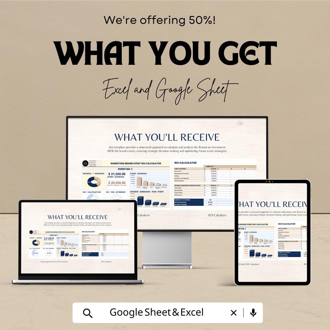 Marketing Brand Event ROI Calculator Sheet - Google Sheets  - Calculate Event ROI - Marketing Budget Tracker - ROI Performance Analysis