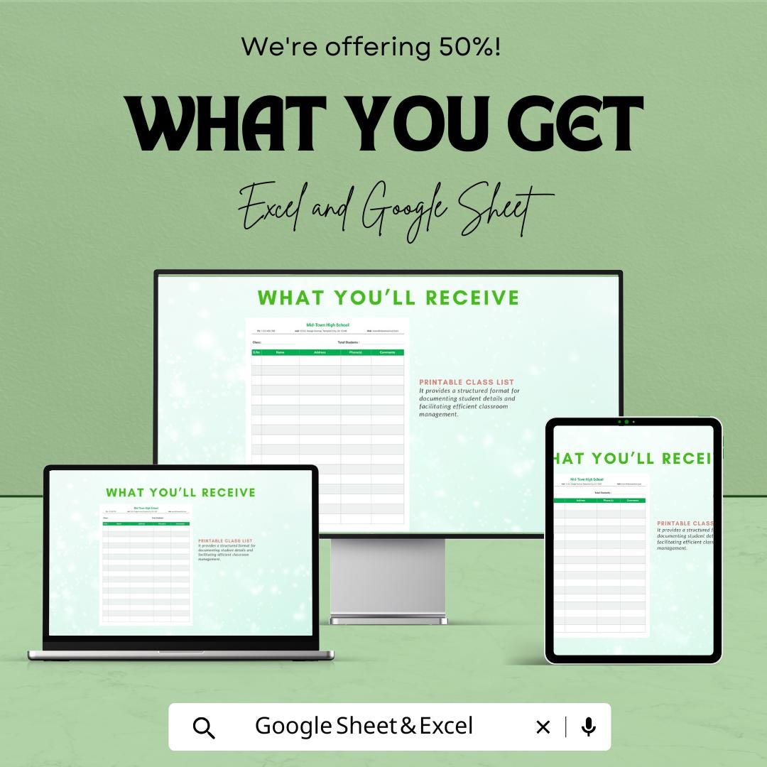 Printable Class List Sheet | Editable Excel & Google Sheets Template | Customizable Student List for Teachers | Instant Download