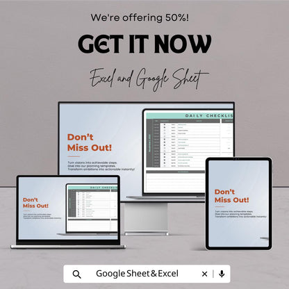 Daily Checklist Template - Excel & Google Sheet - Task Organizer, To-Do List, Goal Tracker