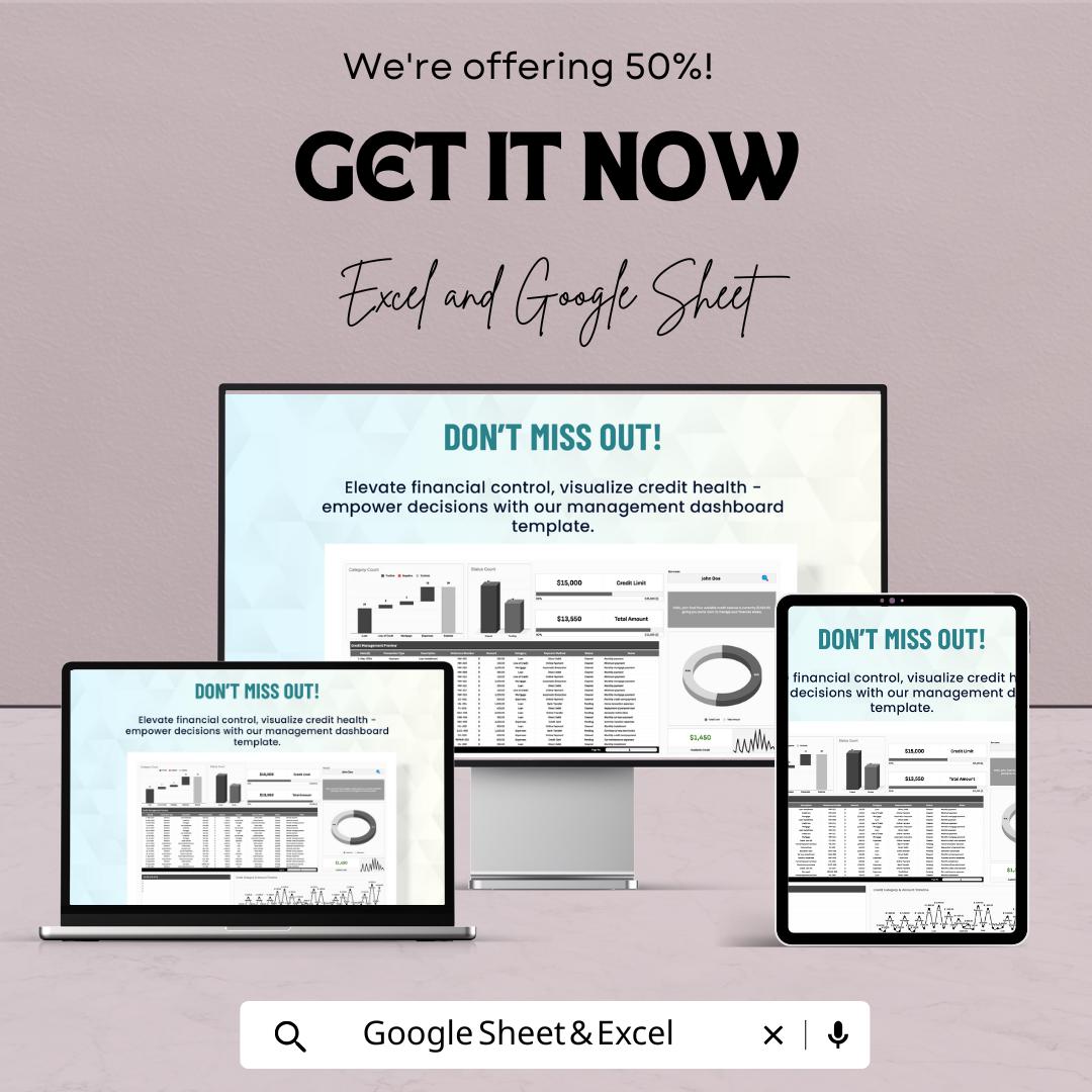 Finance Credit Management Dashboard - Excel & Google Sheets Template for Credit Health Tracking and Financial Control