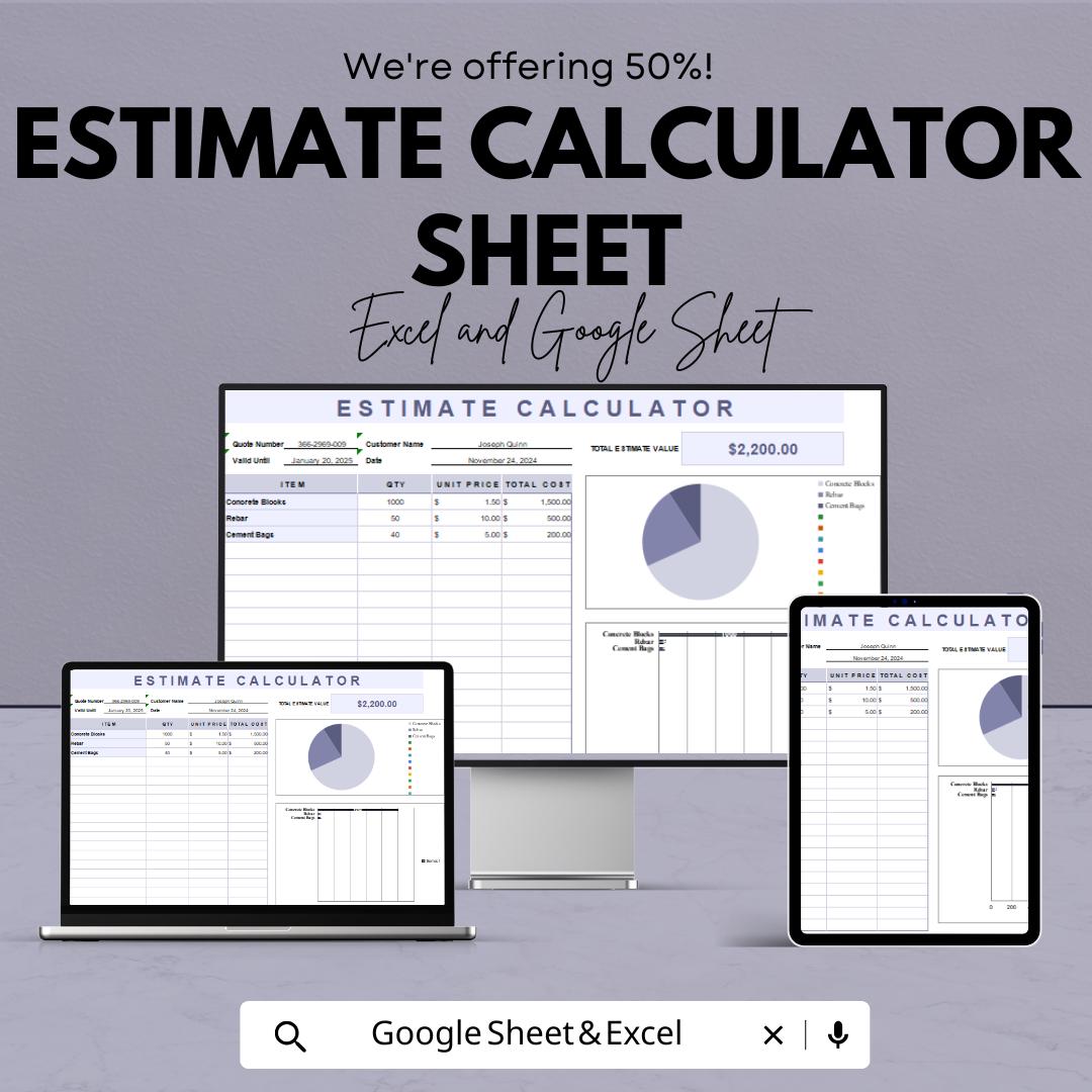 Estimate Calculator Sheet | Google Sheets Template for Accurate Cost Estimation | Budgeting & Financial Planning Tool