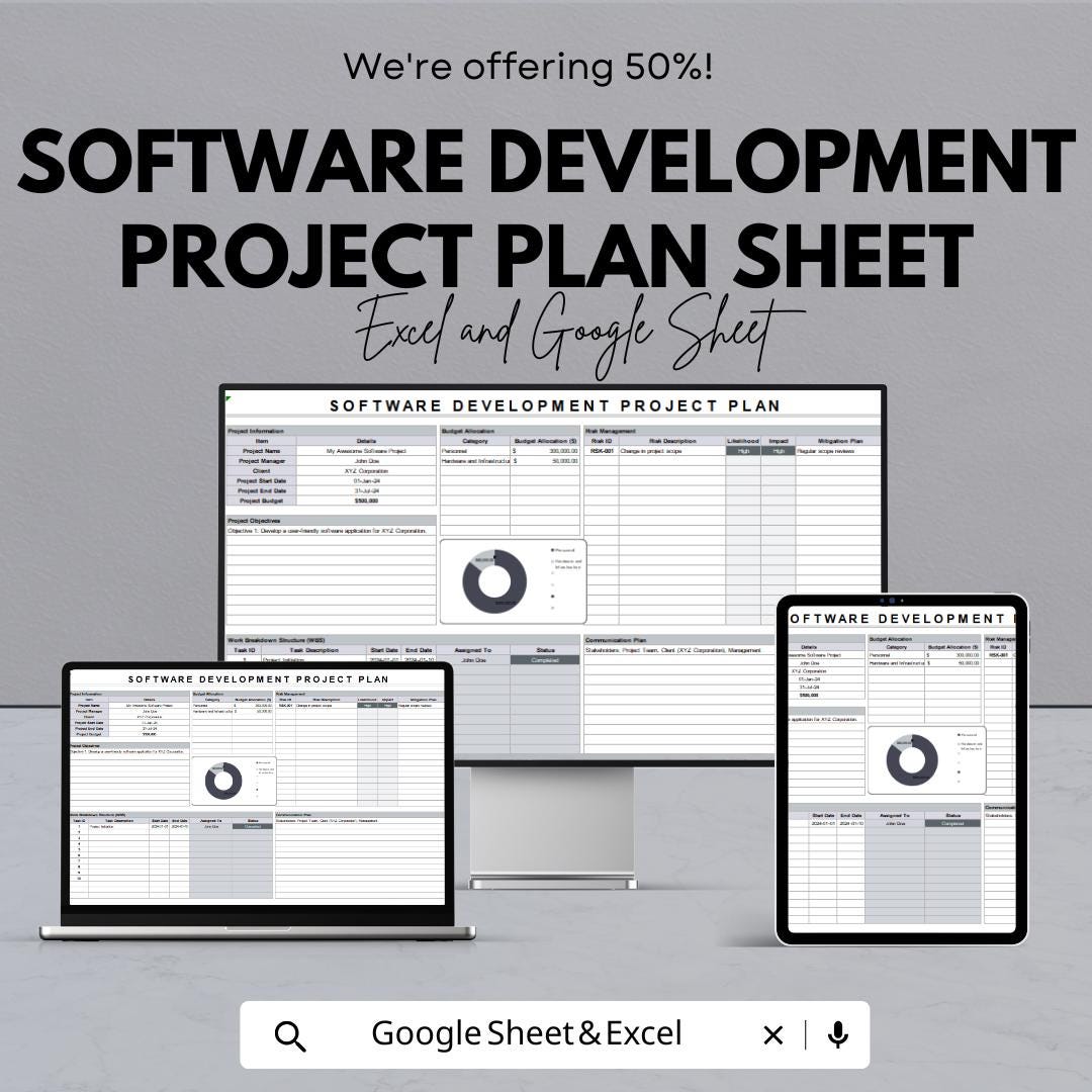 Software Development Project Plan Sheet – Editable Google Sheet and Excel | Gantt Chart Template | Software Task & Budget Tracker
