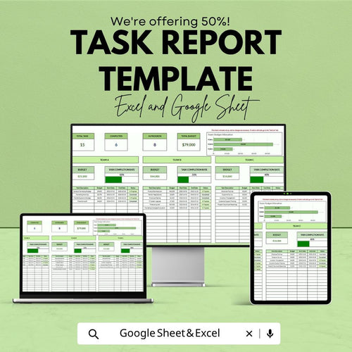 Task Report Template | Task Tracker Spreadsheet | Project Report Template | Task Management Sheet | Excel & Google Sheets | Work Progress