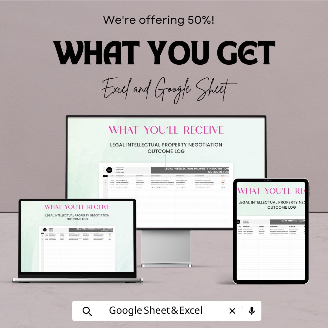 Legal Intellectual Property Negotiation Outcome Log Sheet | Track IP Negotiations and Strategic Insights | Excel & Google Sheet Template