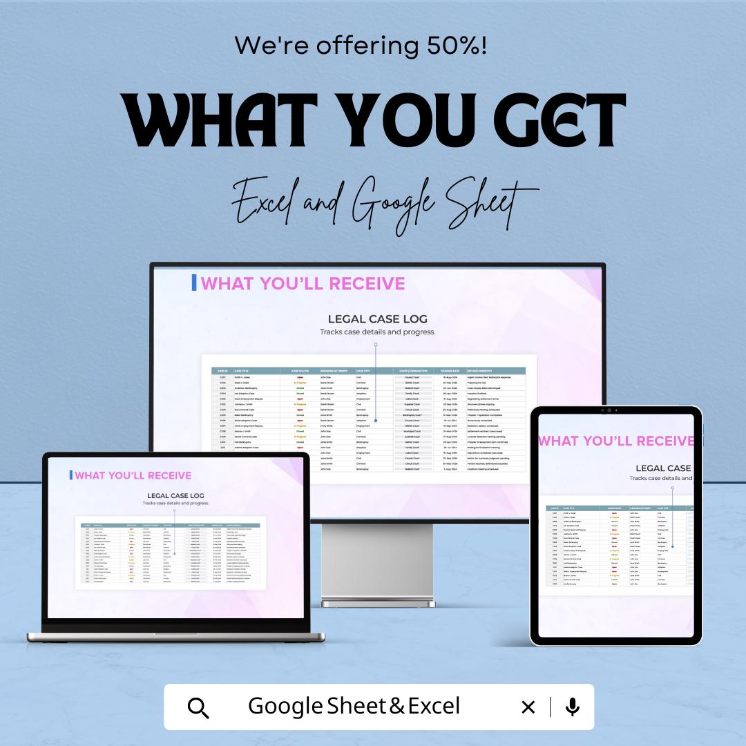 Legal Case Efficiency Analysis Dashboard - Google Sheet for Legal Case Tracking & Performance Metrics - Streamline Legal Operations