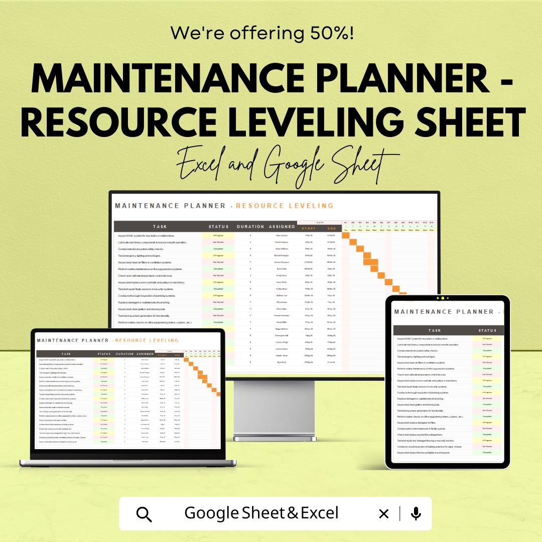 Maintenance Planner - Resource Sheet | Excel and Google Sheets | Task Management Tool for Efficient Scheduling & Resource Allocation
